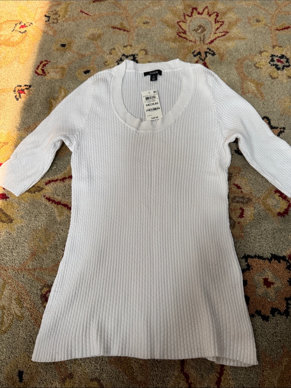 Alfani White Ribbed Scoop-Neck Stretch Knit Top